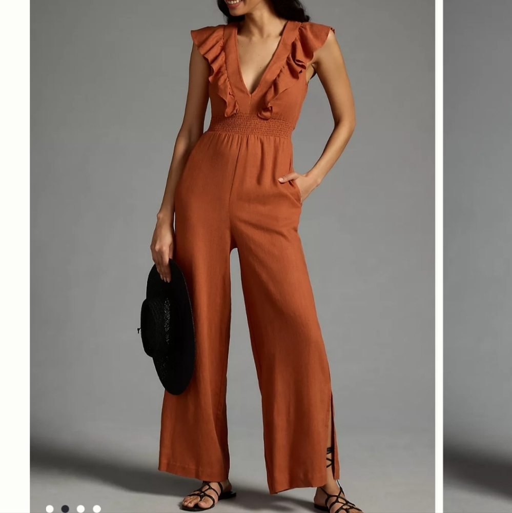 By Anthropologie V-Neck Ruffle Jumpsuit